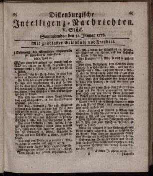 V. Stück. Sonnabends: den 31. Januar 1778.