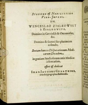 Strenuo & Nobilissimo Viro-Juveni, Dn. Wenceslao Zialkowsky a Zialkowitz [...]
