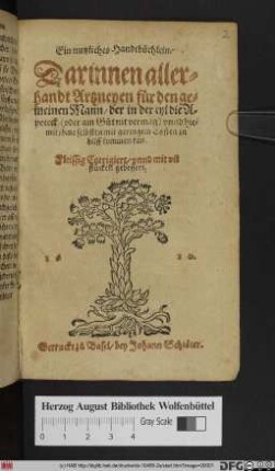 Ein nutzliches Handtbüchlein : Darinnen allerhandt Artzneyen für den gemeinen Mann/ der in der eyl die Apoteck (oder im Güt nit vermag) vnnd hiemit jhme selbsten mit geringem Costen zu hilff kommen kan$dFleissig Corrigiert/ vnnd mit vil stücken gebessert