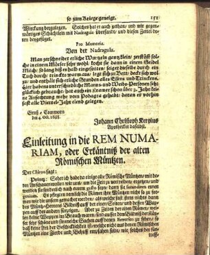 Einleitung in die Rem Numariam, oder Erkäntniß der alten Römischen Müntzen.