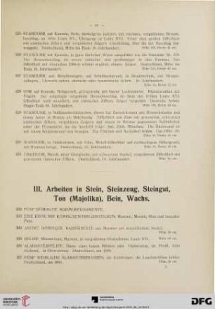 III. Arbeiten in Stein, Steinzeug, Steingut, Ton (Majolika), Bein, Wachs (Nr.232-305)