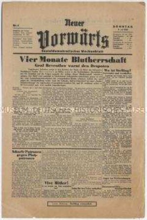 Exilausgabe der SPD-Organs "Vorwärts" zum Brief von Graf Reventlow über die Brutalitäten der SA und zum Verschwinden von Johannes Stelling