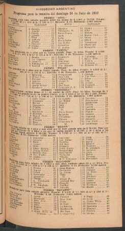 Hipódromo Argentino - Programa para la reunión del domingo 24 de julio de 1910