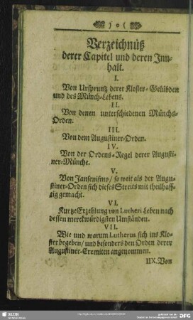 Verzeichnüß derer Capitel und deren Innhalt