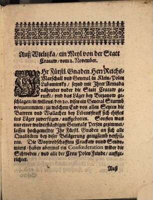 Extract-Schreibens, Auß Wielitzka, wo die Saltzgruben seyn, vom 2. November. Von Belägerung der Statt Cracaw : Neben andern auß etlichen Oerthern beygesetzten Particular-Schreiben