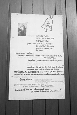 Spendenaufruf der altkatholischen Christi-Auferstehungskirche für den Bau einer Ökumene-Glocke.