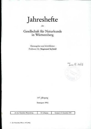 Bd. 147, 1992: Jahreshefte der Gesellschaft für Naturkunde in Württemberg
