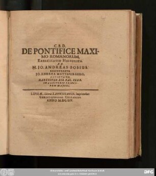 De Pontifice Maximo Romanorum, Exercitatio Historica