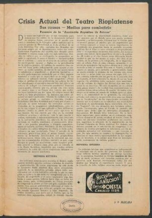 Crisis actual del teatro rioplatense : Sus causus - Medios para combatirla , Ponencia de la "Asociación de Actores"