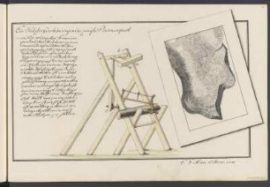 Sägevorrichtung, Federzeichnung, bis 1803 : Band 2: Seite 15: Ein Holzbock der beim segen die zweite Person erspart und Schraffenkarte / E. G. A von Lettow. - [S.l.]. - 1 Blatt ; Handzeichnung, koloriert, 18 x 30 cm