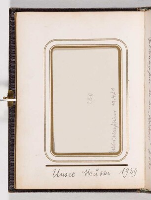 Albumseite (unbestückt) : Fotoalbum der Familien Ahlsvede (Reick) und Schneidenbach. Ledereinband, geprägt mit Goldschnitt und Metallschließe; 14,7 x 11,5 x 3,5 cm (um 1890, bestückt ab 1926). Dresden: SLUB/DF 2017.A.355