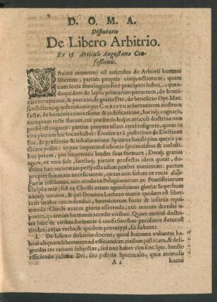 Disputatio De Libero Arbitrio. Ex 18. Articulo Augustanae Confeßionis.