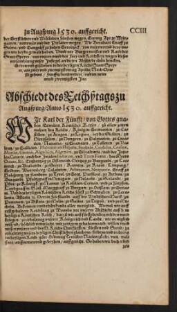 Abschiedt des Reichßtags zu Augspurg/ Anno 1530. auffgericht.
