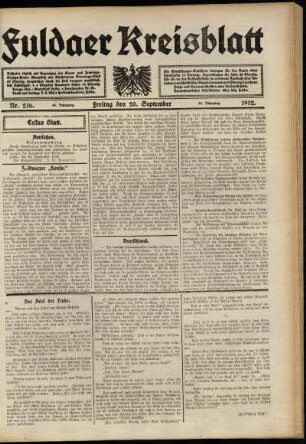 Erste Ausgabe vom Freitag, den 20. September 1912.
