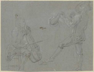 Studienblatt: links ein Cellospieler, rechts ein tanzendes Paar