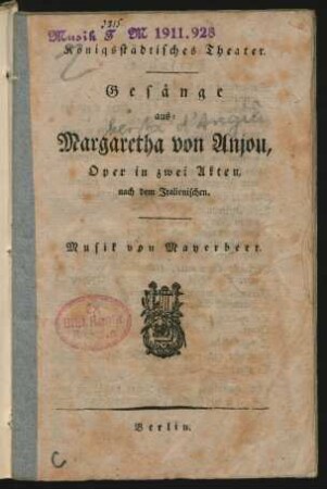 Gesänge aus: Margaretha von Anjou : Oper in zwei Akten ; nach dem Italienischen.