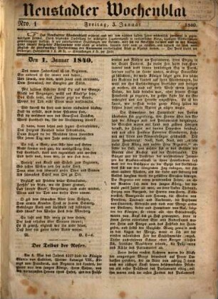 Neustadter Wochenblatt : Organ zur volksthümlichen Besprechung der Tages-Ereignisse, zur Unterhaltung, sowie zur Veröffentlichung von Anzeigen etc.. 1840