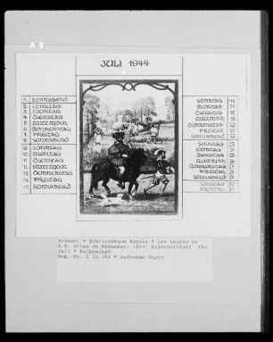 Les heures de N. D. dites de Hennessy, Kalenderblatt für Juli, Falkenjagd