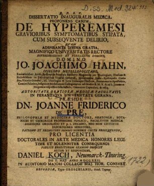 Dissertatio Inauguralis Medica, Proponens Casum, De Hyperemesi Gravioribus Symptomatibus Stipata, Cum Subseqvente [Subsequente] Delirio