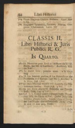Classis II. Libri Historici & Juris Publici R. G. In Quarto