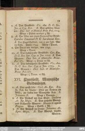 XVI. Churfürstl. Maynzische Goldmünzen.