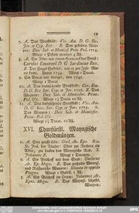 XVI. Churfürstl. Maynzische Goldmünzen.