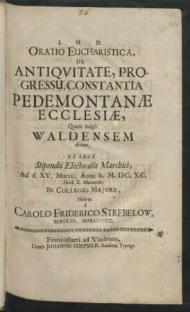 Oratio Eucharistica, De Antiquitate, Progressu, Constantia Pedemontanae Ecclesiae, Quam vulgo Waldensem dicunt