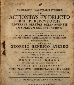 Dissertatio Inavgvralis Ivridica De Actionibvs Ex Delicto Rei Persecvtoriis Adversus Heredes Delinqventis In Solidvm Competentibvs