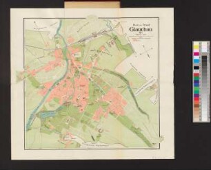 Plan von Glauchau, 1:8000, Lithographie, 1911 : Plan der Stadt Glauchau. - 1:8 000. - Glauchau : Dulce, 1911. - 1 Kt. : Lithogr. ; 35 x 34 cm +++ Mit Gebäudekennung