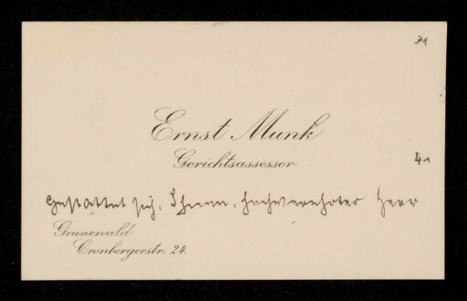 Visitenkarte des Gerichtsassessors Ernst Munk für Otto von Gierke, Grunewald (Landkreis Teltow), 20.8.1910