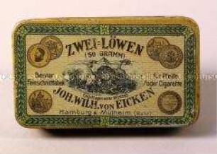 Blechdose für 50 g Tabak "ZWEI-LÖWEN JOH. WILH. VON EICKEN"