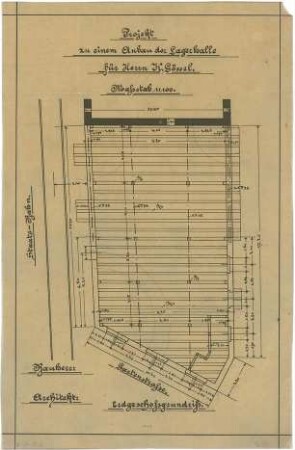Billing, Hermann; Karlsruhe, Gartenstr. 56 a; Wohn- und Lagerhaus K. Gössel - Anbau Lagerhalle (Grundriss EG)