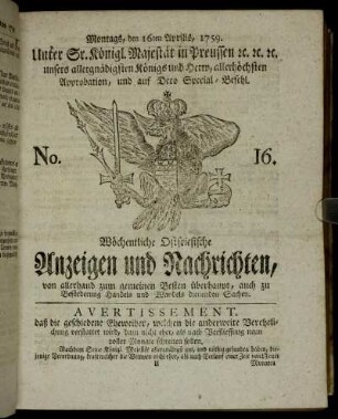 No. 16. Montags, den 16ten Aprilis, 1759.
