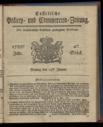 4tes Stueck, Montag den 24ten Januar. 1785