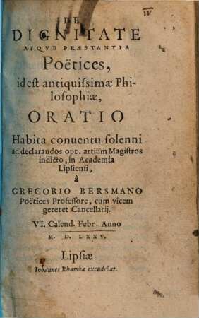 De Dignitate Atque Praestantia Poëtices, id est antiquissimae Philosophiae, Oratio