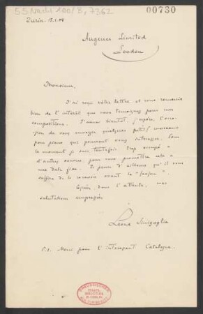 Brief an Augener Ltd.  : 15.01.1908
