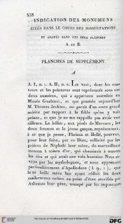 Indication des monumens cites dans le cours des dissertations et graves dans les deux planches A et B