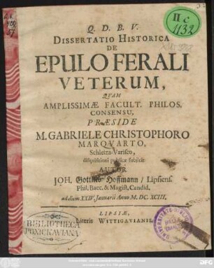 Dissertatio Historica De Epulo Ferali Veterum