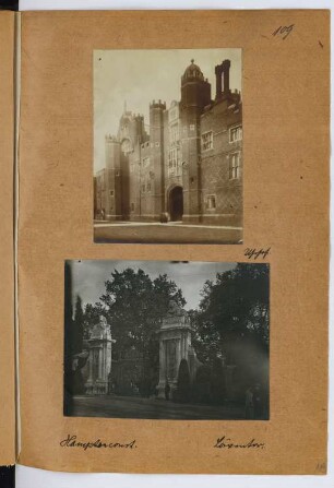 Hampton Court Palace, London: Ansicht Schloss, Ansicht Tor (aus: Skizzen- und Fotoalbum 26)