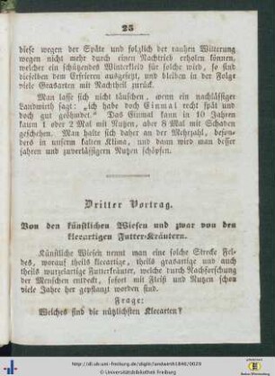 Dritter Vortrag. Von den künstlichen Wiesen und zwar von den kleeartigen Futter-Kräutern.