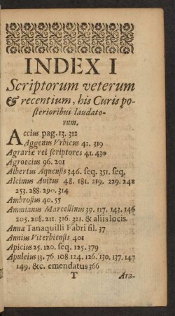 Index I Scriptorum veterum & recentium, his Curis posterioribus laudatorum.