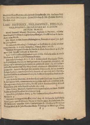 Libri Historici, Philosophici, Philologici, Politici, Geographici Et Aliarum Artium Human.