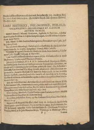 Libri Historici, Philosophici, Philologici, Politici, Geographici Et Aliarum Artium Human.