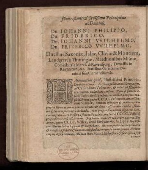 Dedikation an Johann Phillipp, Friedrich, Johann Wilhelm und Friedrich Wilhelm, Grafen zu Sachsen, von Georg Engelmann
