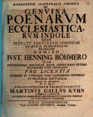Dissertatio Inavgvralis Ivridica De Genvina Poenarvm Ecclesiasticarvm Indole