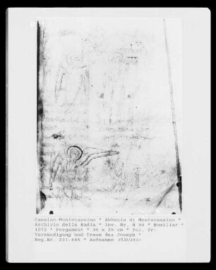 Homiliar — fol. 2r: Verkündigung und Traum des Joseph