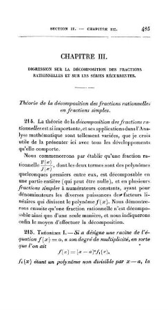 Chapitre III. Digression sur la décomposition des fractions rationnelles et sur les séries récurrentes.