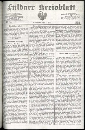 Erste Ausgabe vom Samstag, den 07. Mai 1892.