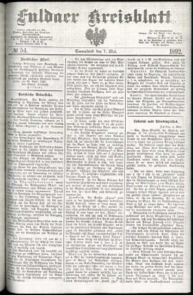 Erste Ausgabe vom Samstag, den 07. Mai 1892.