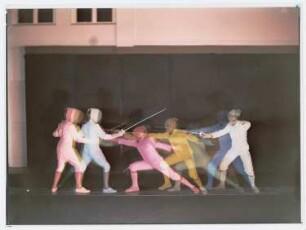 Bewegungsstudie von Fechtern : Bewegungsstudie von Fechtern, Strobochromatografie. Werbeaufnahme für die Marke ORWO des VEB Filmfabrik Wolfen